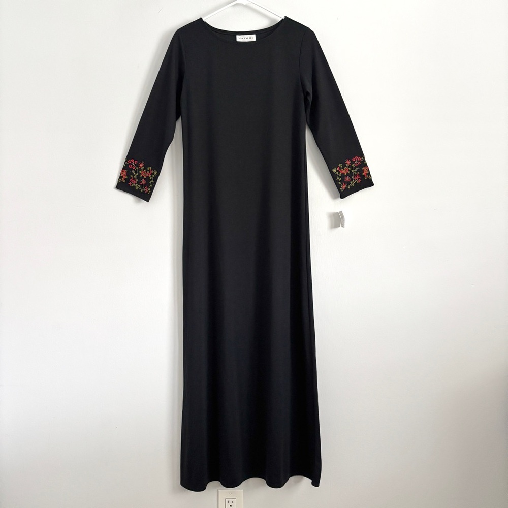 NEW Natori x Saks Fifth Avenue Black 3/4 Sleeve Maxi Shirt Dress Embroidered Sm